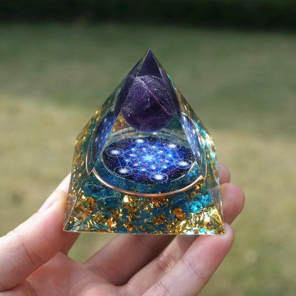 Handmade Orgonite Amethyst-Blue Quartz Natural Cristal Stone Crystal Pyramid Orgone Generator Energy Healing Chakra EMF Protect-Gift