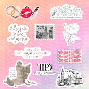 May include: A collection of die-cut stickers featuring various designs including two gold rings with the text Are you gonna marry, a red lip print with a knife, floral line art, London landmarks, the text All's fair in love and poetry, and Who's Afraid Of Little Old Me.