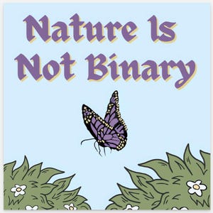 May include: A purple butterfly with yellow markings flies against a light blue background with the text "Nature Is Not Binary" in purple letters.
