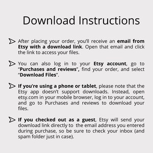 K&ouml;nnte beinhalten: Eine digitale Grafik mit der &Uuml;berschrift Download Instructions in schwarzem Text auf hellgrauem Hintergrund. Sie listet vier Schritte zum Zugriff auf Dateien per E-Mail, &uuml;ber den Bereich Purchases and reviews, mobile Browser und Gastzugang.