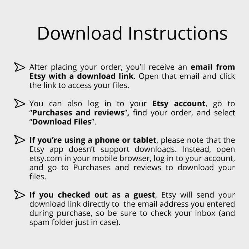 K&ouml;nnte beinhalten: Eine digitale Grafik mit der &Uuml;berschrift Download Instructions in schwarzem Text auf hellgrauem Hintergrund. Sie listet vier Schritte zum Zugriff auf Dateien per E-Mail, &uuml;ber den Bereich Purchases and reviews, mobile Browser und Gastzugang.