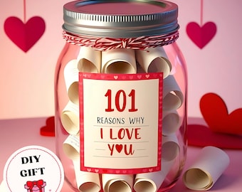 DIY Love Jar with Love Notes Reasons why I Love You, Gift Idea, Printable Love Notes, Gift For Boyfriend, Romantic Jar of Love Messages