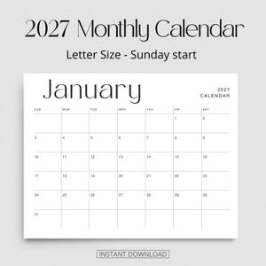K&ouml;nnte beinhalten: Eine Monatskalenderseite f&uuml;r Januar 2027 mit einem Sonntag als Wochenbeginn. Das Dokument hat Letter-Format und zeigt ein klares schwarz-wei&szlig;es Raster mit dem Text 2027 Monthly Calendar, Letter Size - Sunday start, und Instant Download.