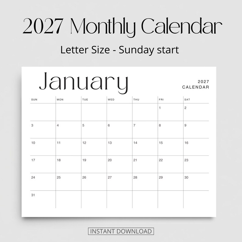 K&ouml;nnte beinhalten: Eine Monatskalenderseite f&uuml;r Januar 2027 mit einem Sonntag als Wochenbeginn. Das Dokument hat Letter-Format und zeigt ein klares schwarz-wei&szlig;es Raster mit dem Text 2027 Monthly Calendar, Letter Size - Sunday start, und Instant Download.