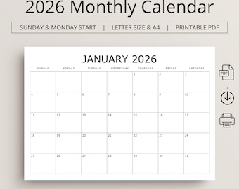 2026 Monthly Calendar, Printable 2026 Monthly Planner, Landscape, A4 Letter Size, Sunday & Monday Start, 2026 Calendar PDF