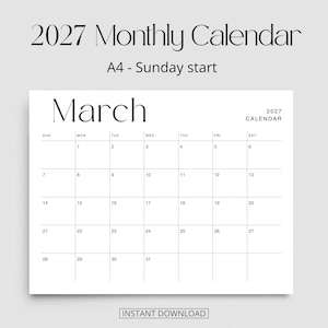 K&ouml;nnte beinhalten: Ein Monatskalenderblatt f&uuml;r M&auml;rz 2027 mit einem Sonntag als Wochenbeginn. Das schwarz-wei&szlig;e Design enth&auml;lt den Text 2027 Monthly Calendar, A4 - Sunday start, March, 2027 Calendar und Instant Download. Das Raster zeigt die Daten von 1 bis 31.
