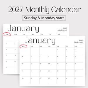 K&ouml;nnte beinhalten: Ein Monatskalender f&uuml;r 2027 mit zwei Layout-Optionen, die entweder am Sonntag oder am Montag beginnen. Die Seiten zeigen schwarzen Text auf wei&szlig;em Hintergrund mit dem Monat Januar. Rote Kreise markieren die jeweiligen Wochentage zum Start.