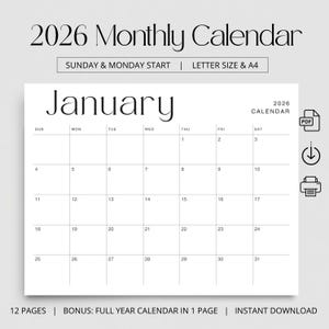 以下が含まれることがあります： 1月の表示がある、白い2026年版月間カレンダー。カレンダーには、日曜日と月曜日から始まる曜日が含まれています。「2026 Monthly Calendar」の文字が上部にあり、その下に「Sunday & Monday Start | Letter Size & A4」と書かれています。