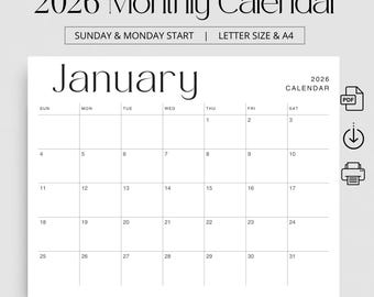 2026 Monthly Calendar, Printable 2026 Monthly Planner, Landscape, A4 Letter Size, Sunday & Monday Start, 2026 Calendar PDF