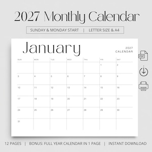 K&ouml;nnte beinhalten: Eine 2027 Monatskalender-Vorlage mit einem klaren schwarz-wei&szlig;en Raster f&uuml;r Januar. Das Design enth&auml;lt Text zu den Startoptionen Sonntag und Montag, Kompatibilit&auml;t mit Letter-Format und A4, 12 Seiten sowie eine Bonusseite f&uuml;r das ganze Jahr.