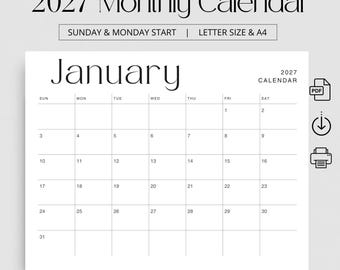 Monatskalender 2027, druckbarer Monatsplaner 2027, Querformat, A4-Format, Wochenbeginn Sonntag & Montag, Kalender-PDF 2027