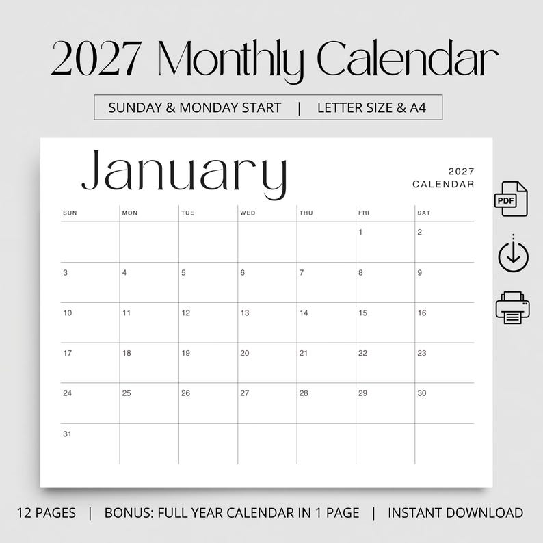 K&ouml;nnte beinhalten: Eine 2027 Monatskalender-Vorlage mit einem klaren schwarz-wei&szlig;en Raster f&uuml;r Januar. Das Design enth&auml;lt Text zu den Startoptionen Sonntag und Montag, Kompatibilit&auml;t mit Letter-Format und A4, 12 Seiten sowie eine Bonusseite f&uuml;r das ganze Jahr.