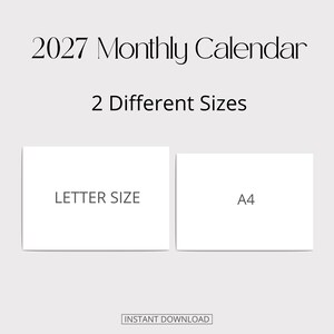 K&ouml;nnte beinhalten: Eine Grafik f&uuml;r einen Monatskalender 2027 mit zwei wei&szlig;en rechteckigen Papierdarstellungen. Das linke Rechteck ist mit LETTER SIZE und das rechte mit A4 beschriftet. Dar&uuml;ber stehen die Texte 2027 Monthly Calendar und 2 Different Sizes.