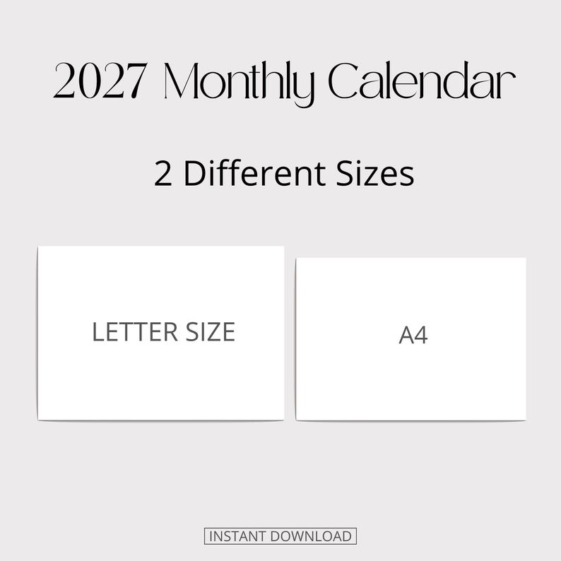 K&ouml;nnte beinhalten: Eine Grafik f&uuml;r einen Monatskalender 2027 mit zwei wei&szlig;en rechteckigen Papierdarstellungen. Das linke Rechteck ist mit LETTER SIZE und das rechte mit A4 beschriftet. Dar&uuml;ber stehen die Texte 2027 Monthly Calendar und 2 Different Sizes.