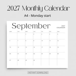 K&ouml;nnte beinhalten: Eine Monatskalenderseite f&uuml;r September 2027 mit einem Montag als Wochenbeginn. Das Dokument hat das Format A4 und zeigt schwarzen Text auf wei&szlig;em Hintergrund. Das Raster zeigt die Wochentage und Daten von 1 bis 30. Der Text lautet 2027 Monthly Calendar.