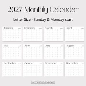 K&ouml;nnte beinhalten: Ein monatlicher Kalender f&uuml;r 2027 im Letter-Format mit Optionen f&uuml;r den Wochenstart am Sonntag oder Montag. Das Design umfasst zw&ouml;lf einzelne wei&szlig;e Seiten mit schwarzem Text f&uuml;r jeden Monat von Januar bis Dezember in Rasterform.