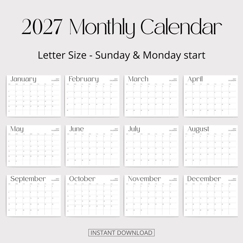 K&ouml;nnte beinhalten: Ein monatlicher Kalender f&uuml;r 2027 im Letter-Format mit Optionen f&uuml;r den Wochenstart am Sonntag oder Montag. Das Design umfasst zw&ouml;lf einzelne wei&szlig;e Seiten mit schwarzem Text f&uuml;r jeden Monat von Januar bis Dezember in Rasterform.