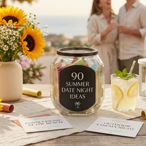 May include: A clear glass jar with a black lid and a label that reads "90 Summer Date Night Ideas." The jar is filled with colorful rolled-up papers. A vase of sunflowers and daisies sits to the left, and a glass of lemonade is to the right.