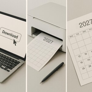 K&ouml;nnte beinhalten: Ein Laptop-Bildschirm mit einem Download-Button und Cursor, ein wei&szlig;er Drucker, der eine Kalenderseite f&uuml;r 2027 ausgibt, sowie ein schwarzer Stift neben einem ausgedruckten Kalenderblatt f&uuml;r das Jahr 2027 auf hellem Untergrund.