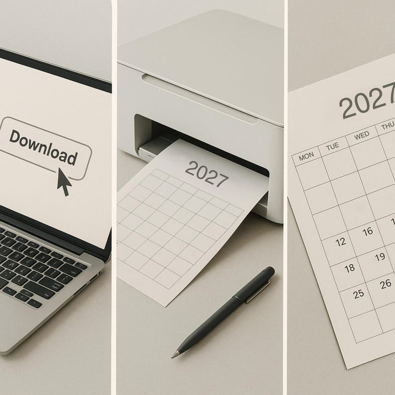 K&ouml;nnte beinhalten: Ein Laptop-Bildschirm mit einem Download-Button und Cursor, ein wei&szlig;er Drucker, der eine Kalenderseite f&uuml;r 2027 ausgibt, sowie ein schwarzer Stift neben einem ausgedruckten Kalenderblatt f&uuml;r das Jahr 2027 auf hellem Untergrund.