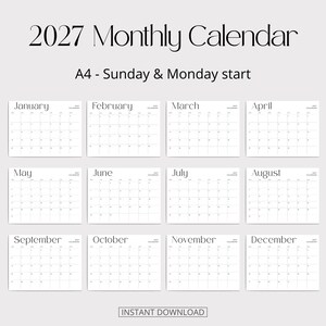 K&ouml;nnte beinhalten: Ein monatlicher Kalender f&uuml;r 2027 im A4-Format mit Optionen f&uuml;r den Wochenbeginn am Sonntag oder Montag. Das Design umfasst zw&ouml;lf einzelne Monats&uuml;bersichten von Januar bis Dezember in einem klaren, schwarz-wei&szlig;en Layout.