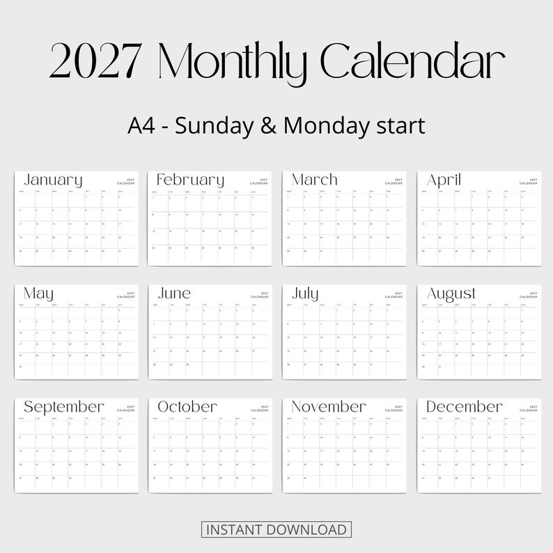 K&ouml;nnte beinhalten: Ein monatlicher Kalender f&uuml;r 2027 im A4-Format mit Optionen f&uuml;r den Wochenbeginn am Sonntag oder Montag. Das Design umfasst zw&ouml;lf einzelne Monats&uuml;bersichten von Januar bis Dezember in einem klaren, schwarz-wei&szlig;en Layout.