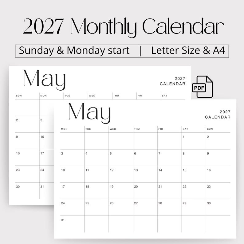 K&ouml;nnte beinhalten: Ein monatlicher Kalender f&uuml;r 2027 zum Ausdrucken in Schwarz-Wei&szlig;. Das Design bietet zwei Layout-Optionen, eine mit Sonntag-Start und eine mit Montag-Start. Der Text enth&auml;lt 2027 Monthly Calendar, Sunday & Monday start und Letter Size & A4.