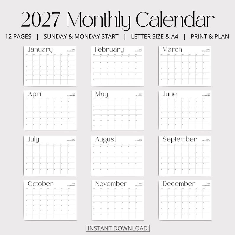 K&ouml;nnte beinhalten: Ein monatlicher Kalender f&uuml;r 2027 mit 12 Seiten und Optionen f&uuml;r den Wochenstart am Sonntag oder Montag. Das Design zeigt schwarzen Text auf wei&szlig;em Hintergrund, geeignet f&uuml;r Letter- und A4-Format. Jeder Monat ist als Raster dargestellt.