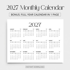 K&ouml;nnte beinhalten: Ein Monatskalender f&uuml;r 2027 auf wei&szlig;em Hintergrund mit schwarzem Text. Die &Uuml;berschrift lautet 2027 Monthly Calendar, gefolgt von einem Feld mit der Aufschrift BONUS: FULL YEAR CALENDAR IN 1 PAGE. Das Raster zeigt alle zw&ouml;lf Monate mit dem Text INSTANT DOWNLOAD.
