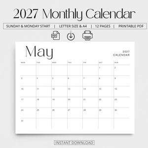 K&ouml;nnte beinhalten: Ein monatlicher Kalender f&uuml;r 2027 als druckbares PDF mit einem klaren schwarz-wei&szlig;en Layout. Die Kopfzeile zeigt 2027 Monthly Calendar, Sunday & Monday Start, Letter Size & A4, 12 Pages, Printable PDF. Die Mai-Seite zeigt ein Kalenderraster.