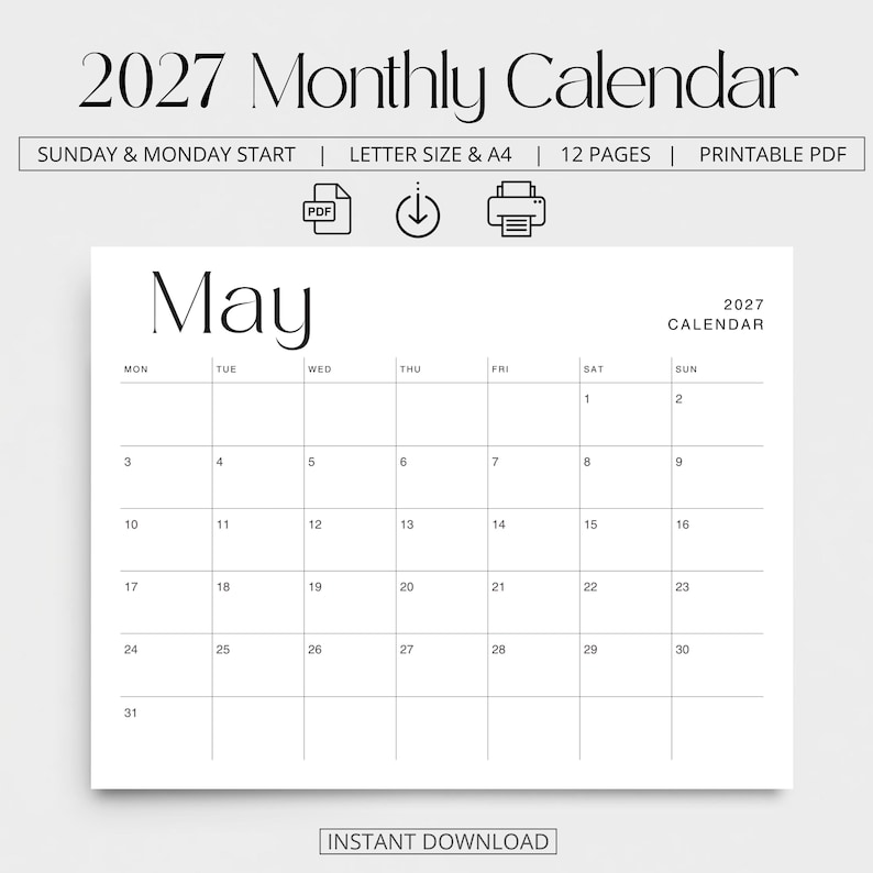 K&ouml;nnte beinhalten: Ein monatlicher Kalender f&uuml;r 2027 als druckbares PDF mit einem klaren schwarz-wei&szlig;en Layout. Die Kopfzeile zeigt 2027 Monthly Calendar, Sunday & Monday Start, Letter Size & A4, 12 Pages, Printable PDF. Die Mai-Seite zeigt ein Kalenderraster.