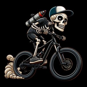 May include: A cartoon skeleton wearing a blue and white baseball cap rides a black mountain bike with a silver and red tank strapped to its back. The bike has black tyres and a black frame. The skeleton is wearing black shorts and black shoes. The skeleton is riding on a dirt path and there is a brown cloud of dust behind the bike.