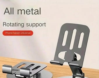 All Metal Phone Stand 360 Degree Rotating Desk Holder for iPhone iPad Samsung Foldable and Universal