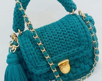 Handmade Crochet Handbag: Women's Teal Shoulder Bag with Gold Chain