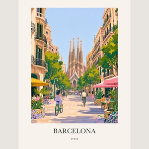 May include: A vertical art print depicting a Barcelona street scene with the Sagrada Familia in the distance. The illustration features people walking, cycling, and sitting at outdoor tables under umbrellas, with the text BARCELONA SPAIN at the bottom.