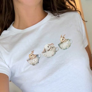 Easter Coquette Y2K Baby Tee, Bunny Rabbit Shirt, Soft Girl Aesthetic, Trendy 90s Baby Tee, Cottagecore Crop Top, Balletcore aesthetic