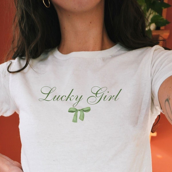 Lucky Girl Y2K Baby Tee, Coquette Shirt, Lucky Shirt, 90s Baby Tee, Downtown Teenage Girl Gift, St Patricks Day Baby Tee, Irish Crop Top