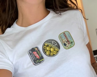 Tin Fish Y2K Baby Tee, Sardines Shirt, fisherman aesthetic, 90s Baby Tee, Seafood collage crop top, coastal granddaughter top