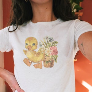 Vintage Easter Coquette Y2K Baby Tee, Baby Duckling Shirt, Soft Girl Aesthetic, Trendy 90s Baby Tee, Cottagecore Kitschy floral shirt