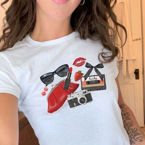 Girlhood Y2K Baby Tee, Strawberry vintage fruit shirt, dark Coquette crop top, Lucky Girl Shirt, 90s Baby Tee, Downtown Girl Aesthetic
