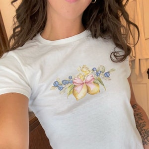 Blueberries Y2K Baby Tee, Lemon Coquette Clothing, Pink Ribbon Shirt, 90s Baby Tee, Downtown Teenage Girl Gift, Cottagecore Crop Top