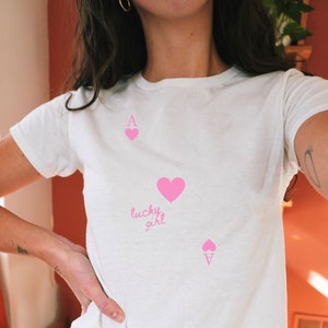 Lucky Girl Y2K Baby Tee, Coquette Shirt, Lucky Shirt, 90s Baby Tee, Downtown Teenage Girl Gift, 2000s Fashion Aesthetic, Coquette Crop Top