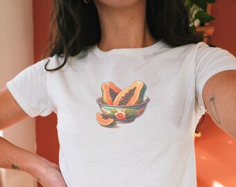 Papaya Baby Tee, Coconut Girl Aesthetic, vintage fruit Shirt, 90s Y2k Baby Tee, Downtown Teenage Girl Gift, Tropical Crop Top