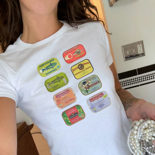 Tinned Fish Y2K Baby Tee, Sardines Shirt, 90s Baby Tee, Downtown Girl aesthetic, Seafood collage shirt, kitschy aesthetic crop top