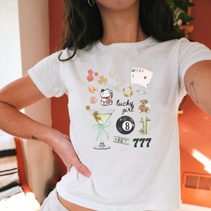 Lucky Girl Y2K Baby Tee, Coquette Shirt, Lucky Shirt, 90s Baby Tee, Downtown Teenage Girl Gift, 2000s Fashion Aesthetic, Coquette Crop Top