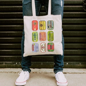 Tinned Fish Y2K Canvas Tote, Trendy Sardine Market Bag, fisherman aesthetic, Seafood collage tote, coconut girl ecofriendly bag