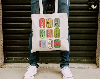 Tinned Fish Y2K Canvas Tote, Trendy Sardine Market Bag, fisherman aesthetic, Seafood collage tote, coconut girl ecofriendly bag