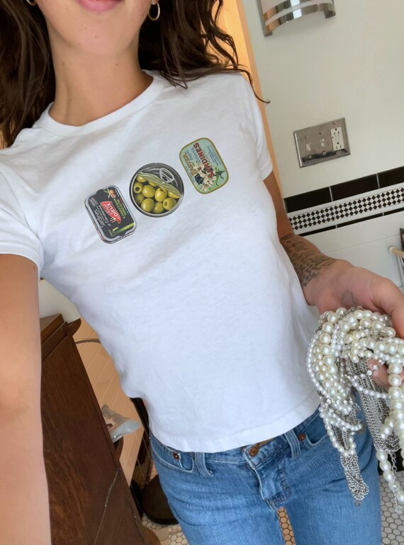 Tin Fish Y2K Baby Tee, Sardines Shirt, fisherman aesthetic, 90s Baby Tee, Seafood collage crop top, coastal granddaughter top