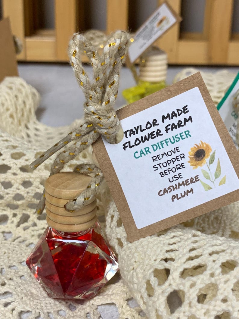 May include: A car air freshener with a red, diamond-shaped glass bottle and a wooden cap. The bottle is suspended by a beige and gold rope. A brown tag reads "Taylor Made Flower Farm Car Diffuser" and "Cashmere Plum".