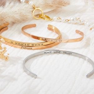 Custom Engraved Cuff Bracelet,Skinny Bangle,Coordinates Cuff Bracelet,Stacking Gold Cuff,Bridesmaid Gift,Inspirational Gift,Graduation Gift image 1